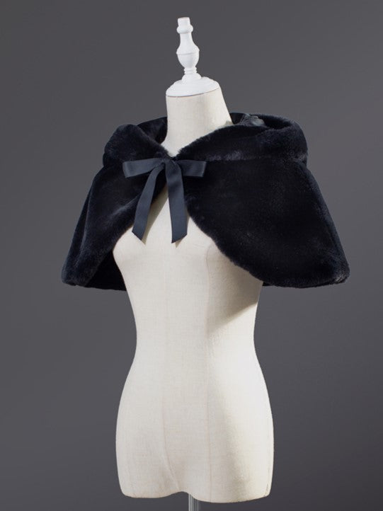 Black Furry Cat-Ear Hooded Cape with Bow Tie Closure
