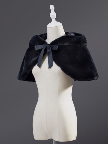 Black Furry Cat-Ear Hooded Cape with Bow Tie Closure