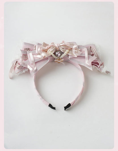 ロリータピンクの大きなリボンビーズチェーンとハートチャームレーストリムKC