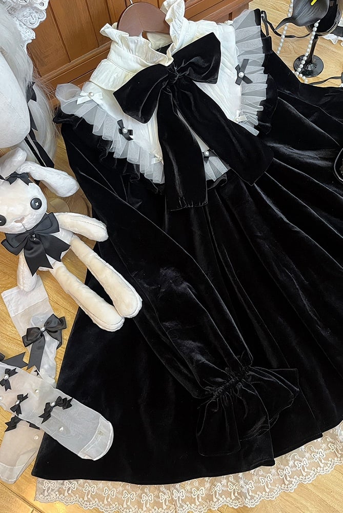 Lolita Lange Hohe Samt Ärmel Rüschen Kleid Süße Hals Schwarz Schleife