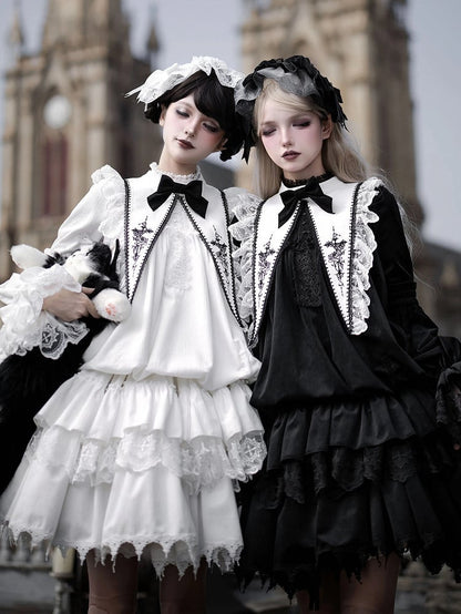 White + Rosette Sharp Embroidery Gothic Collar Lolita Bow Black