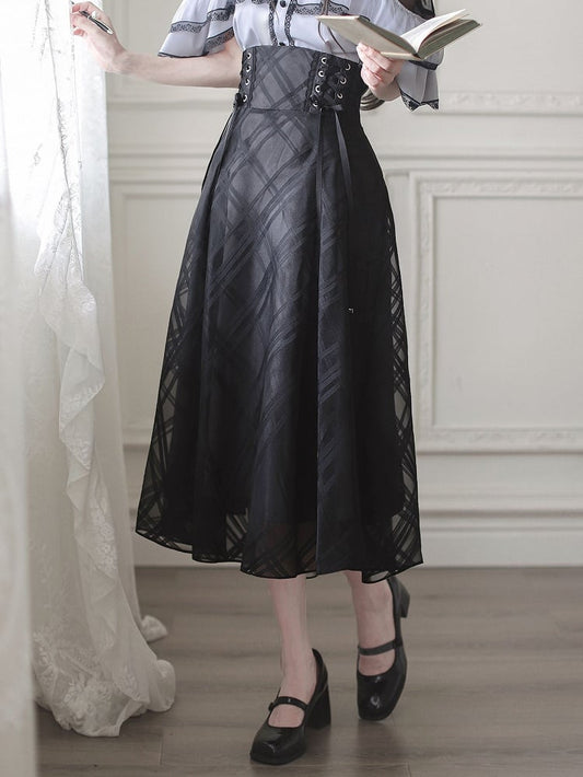 Overlay Plaid at Waist and Jirai Kei Black Details Skirt with Lace-up