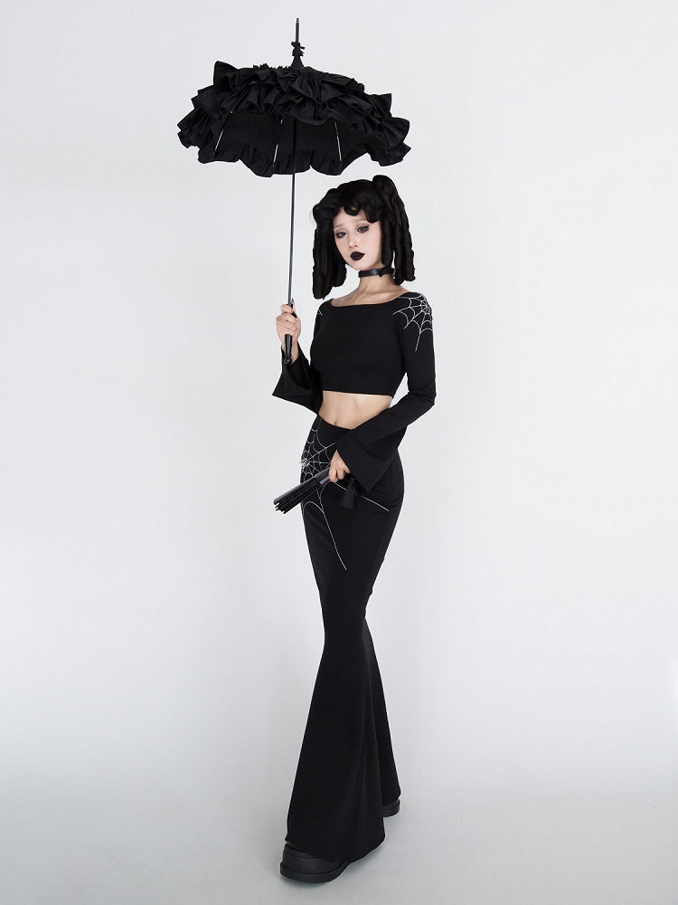 Gothic Black Spiderweb Bell Sleeves Cropped Top