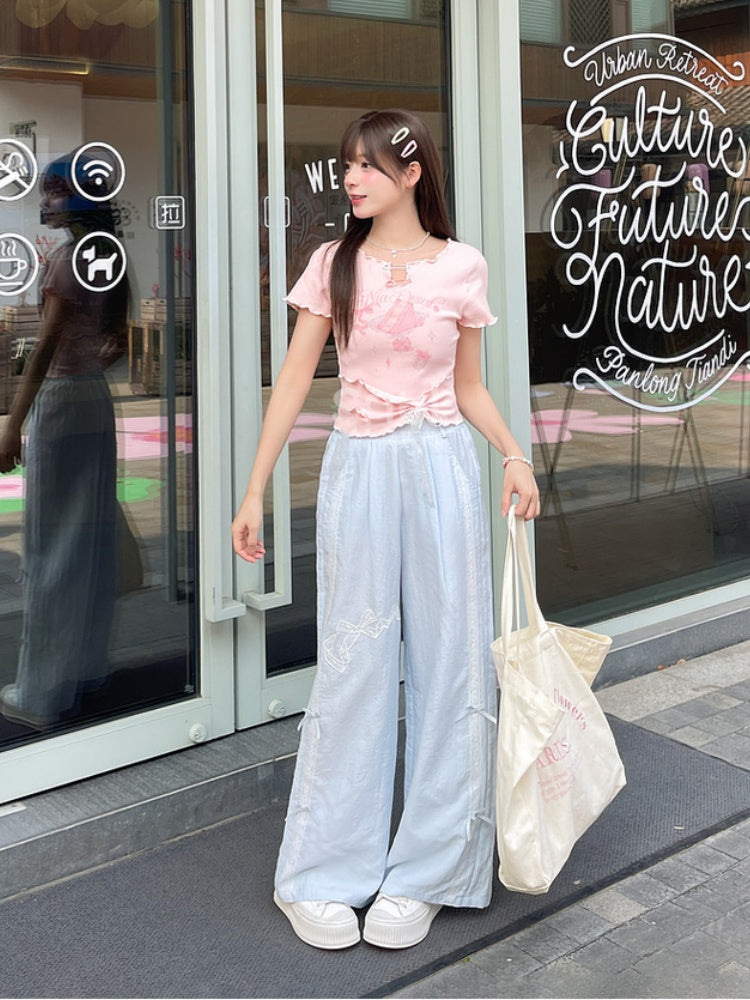 ネックラインピン スイートTシャツ ピンク/ブルー ケーキプリントディテール 裾レタス裾 大きなリボン