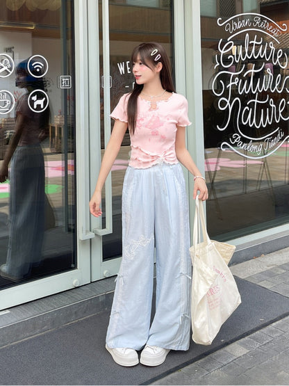 Sweet T-Shirt Neckline Details Hem Bow Pin Lettuce Hem Big Pink/Blue Cake Print