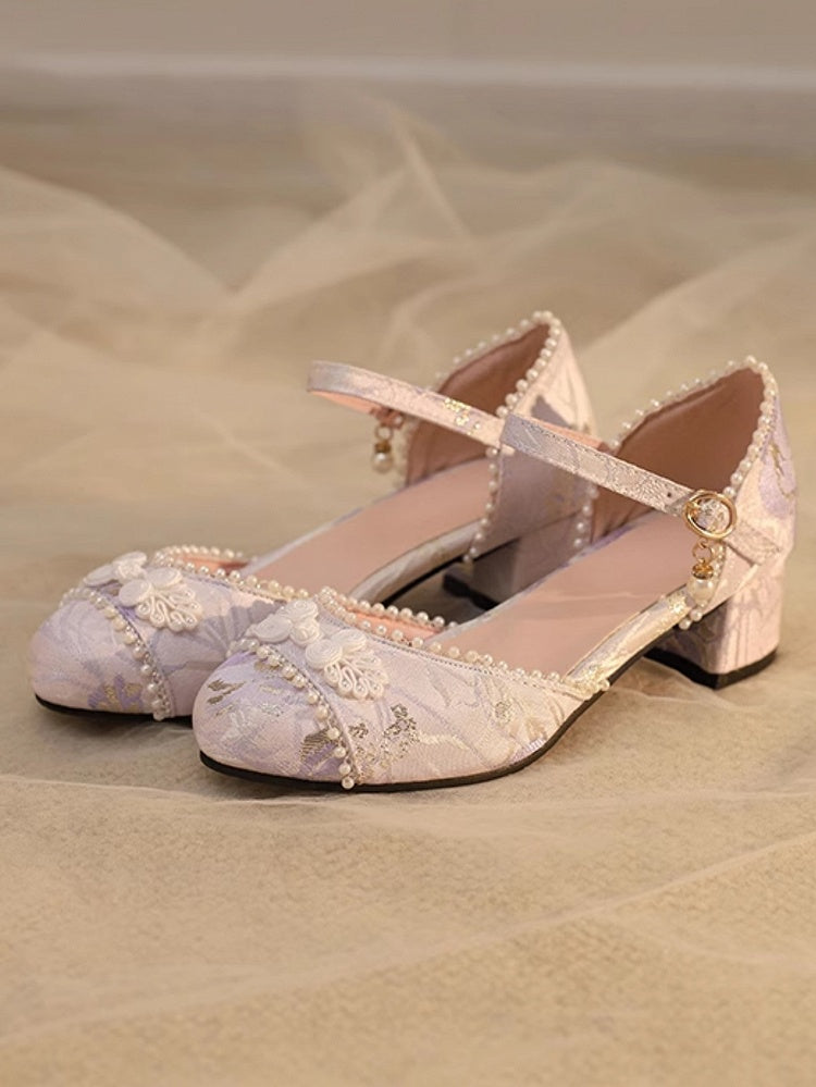 Top Details Perlen an der Ferse Lolita Qi 4cm Frosch Satin Sandalen Knopf Lila