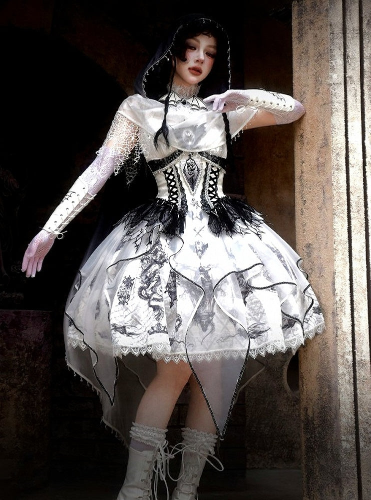 Black & White Bone Dragon Embroidery Halter Neck Gothic Lolita Dress Set - Ying Luo Fu