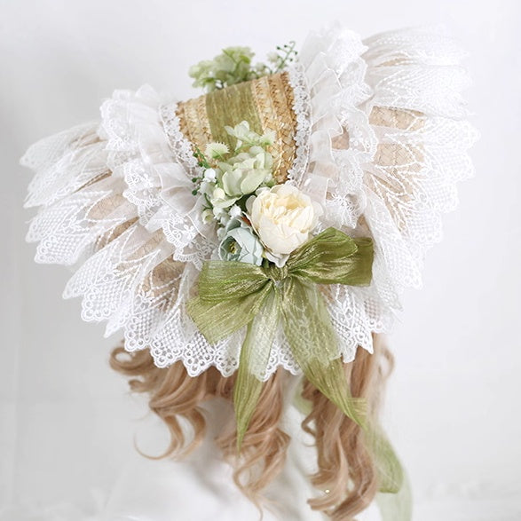 Bowknot Gorgeous Country - Straw Green Trimmed Lace Lolita Decoration Bonnet with Floral