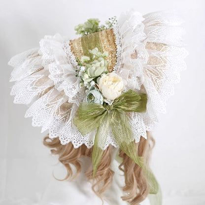 Bowknot Gorgeous Country - Straw Green Trimmed Lace Lolita Decoration Bonnet with Floral