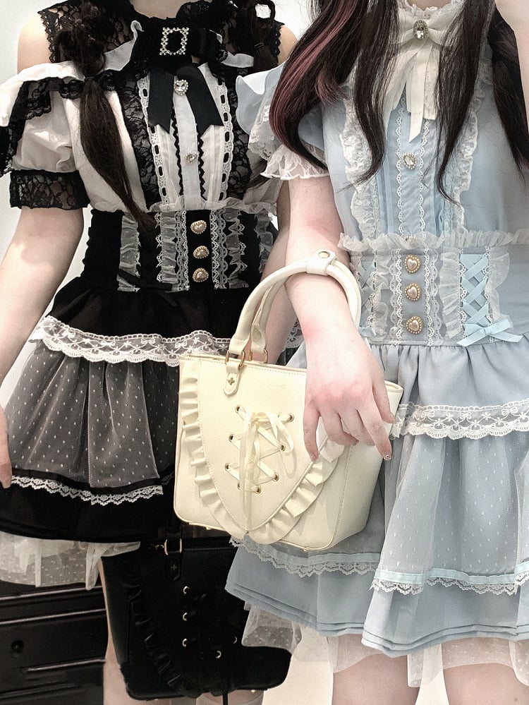 Jirai Kei Black/White/Red/Light Open Shoulder Sweetheart Blue