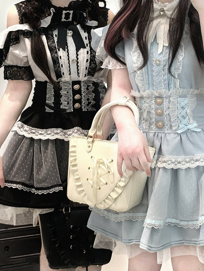 Jirai Kei Black/White/Red/Light Open Shoulder Sweetheart Blue