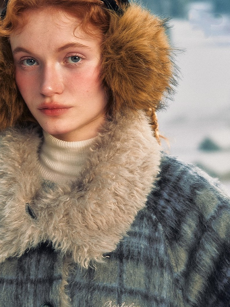 with Accents Blue Vintage Coat Contrast Furry Plaid