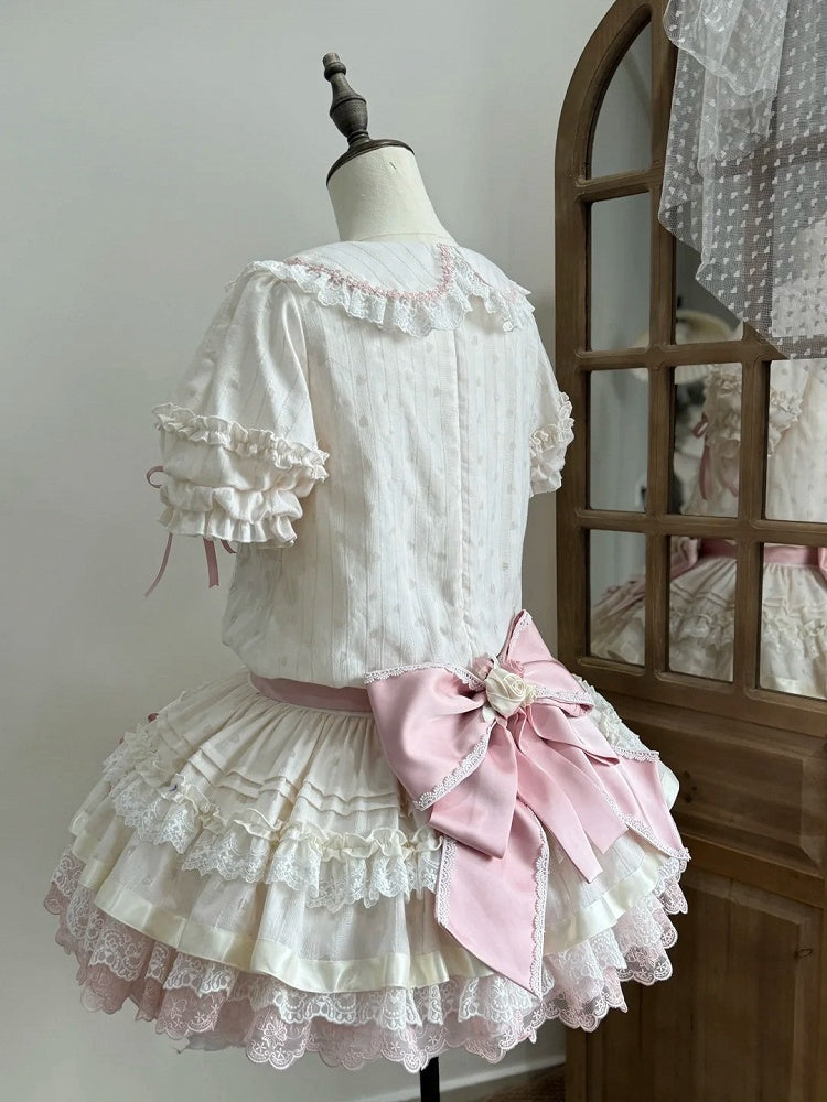 Beige & Pink Low Waist Dollcore Lolita OP Dress with Cat Print & Ribbon - Mirror Ragdoll
