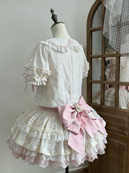 Beige & Pink Low Waist Dollcore Lolita OP Dress with Cat Print & Ribbon - Mirror Ragdoll