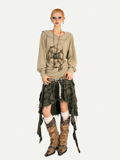 Wasteland Style Cowl Neck Cross Print Long Sleeve Hoodie with Ruffle Details