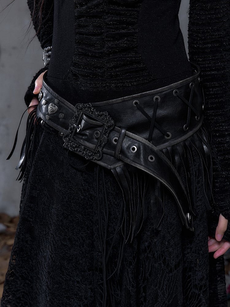 with Crisscross Studded Waist Vintage Black Fringe PU Belt Lacing Punk