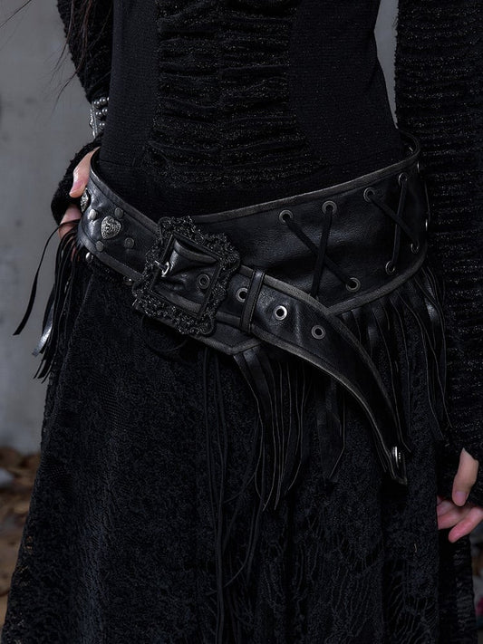 with Crisscross Studded Waist Vintage Black Fringe PU Belt Lacing Punk
