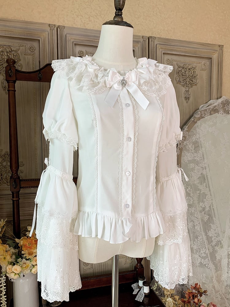 Ruffle Bell White Adorned Neckline Sleeves Bowknots Blouse