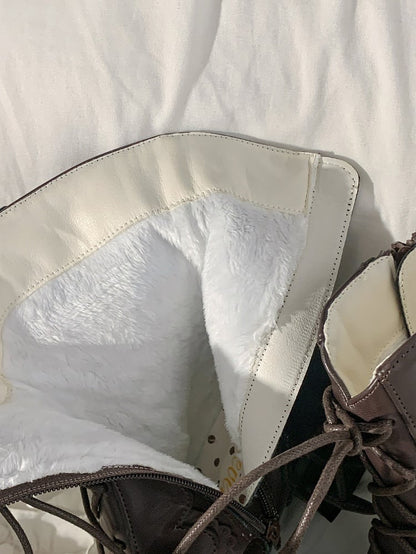 Heart Bow Hybrid Details Mid System in Block Closure Heel Boots Top Brown Beadwork Elegant Lolita PU with