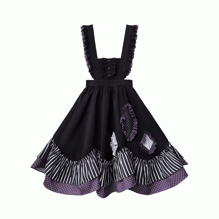 Dress Bittersweet Lolita Apron in Black Stripes and Purple Polka Dot