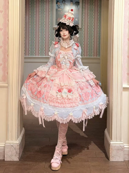 Blue & Pink Strawberry Cake Print Bell Sleeve Lolita Dress - Ball Lolita