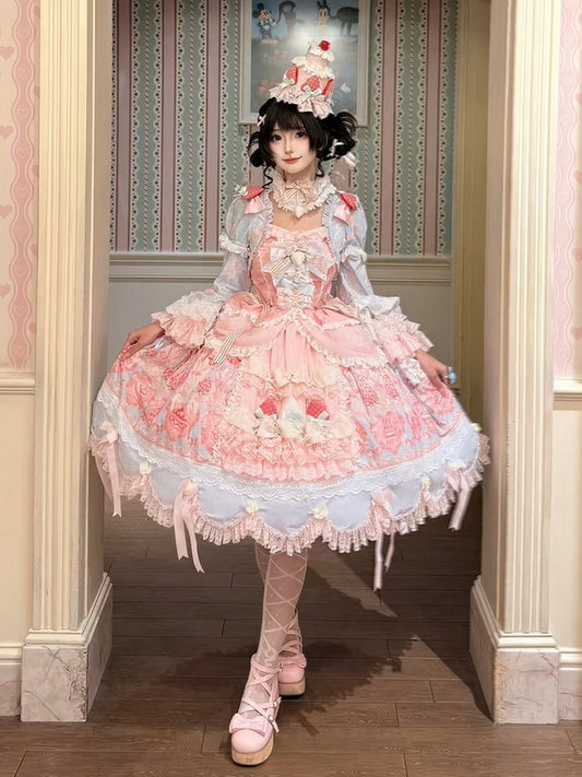 Blue & Pink Strawberry Cake Print Bell Sleeve Lolita Dress - Ball Lolita
