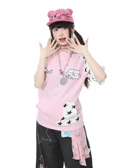 Pink Star Print Short Sleeve Tee with Cat Embroidery - Languid Park