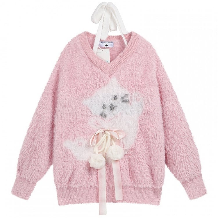 ライトブルー/ピンクのキュートな猫柄ふわふわVネックホルターセーター