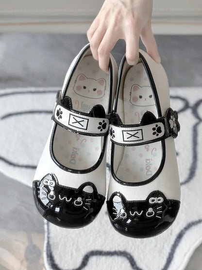 Print PU Round Flat Ear Paw Cute Stitching Mary Adorable - Toe Straps Black in Kitty with Cat Janes