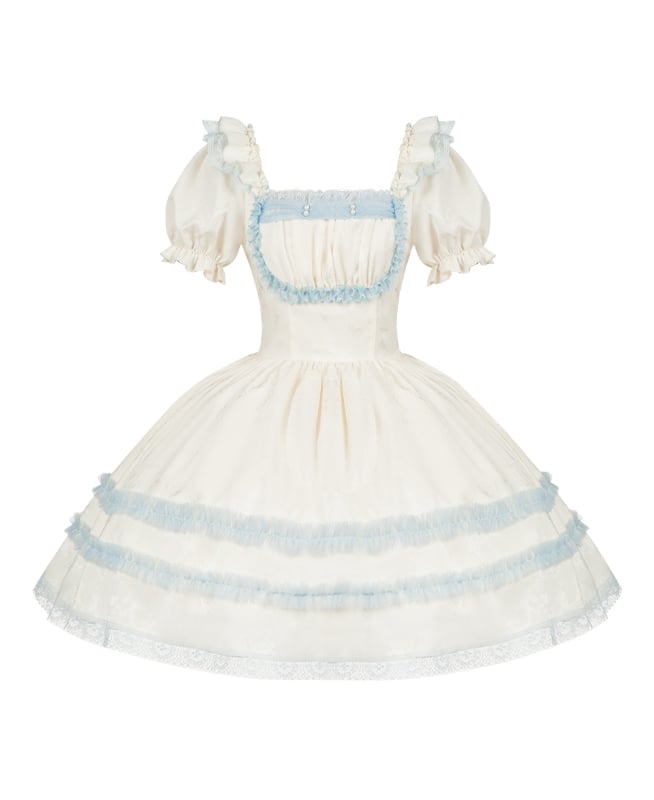 Helles und beiges Kleid, blaue Spitze, Lolita, Puffärmel, quadratische Borten, kurzer Ausschnitt