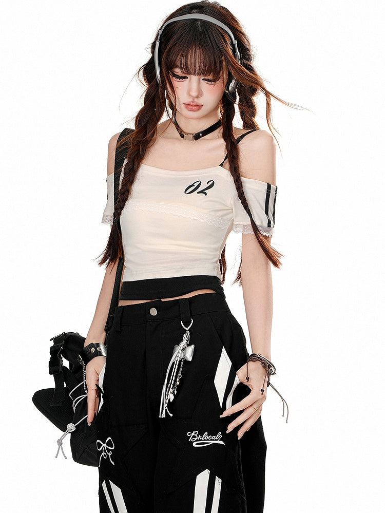 Schwarz/weißes Cami-Top mit Spitzenbesatz