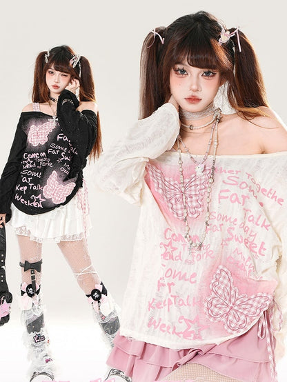 Off-the-shoulder Black/White Pink Plaid Butterfly Appliques