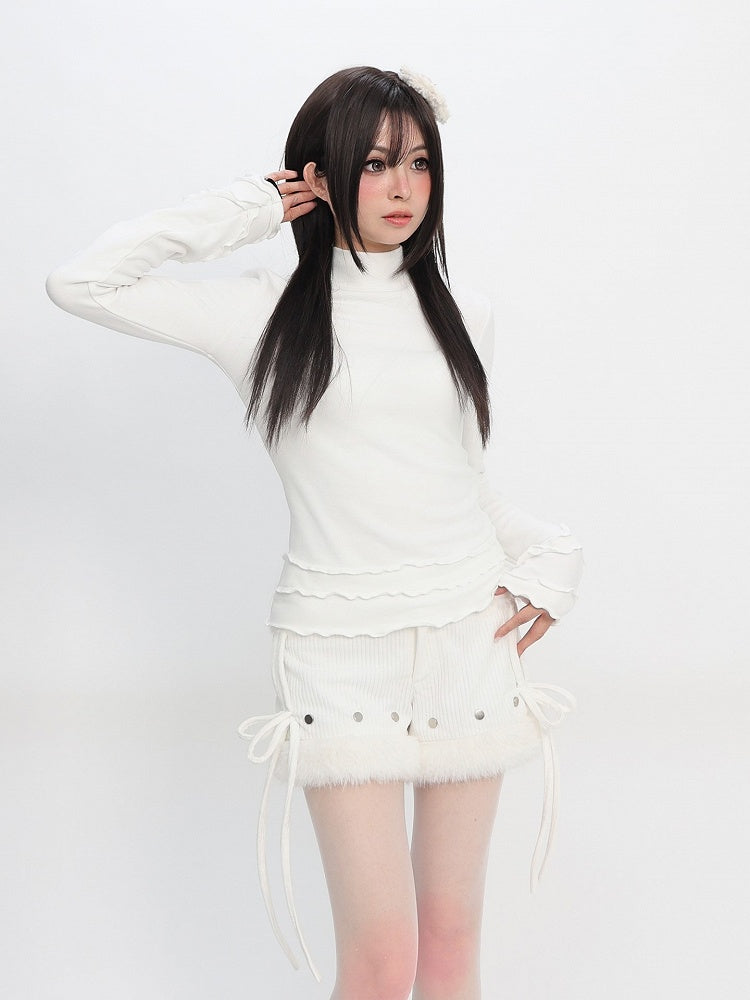 Ruffle Daily White Accents Mock Design Top Neck with Kawaii Sleeve Long