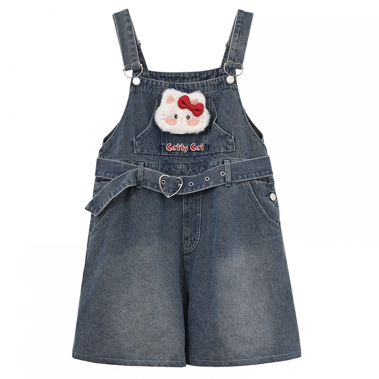 Herz Shorts Plüsch Kitty Denim Dunkelblau Verblasst Schnalle Waschen Gürtel Overall mit