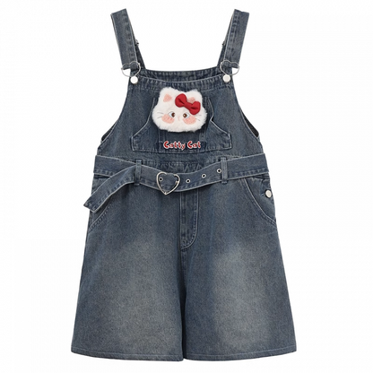 Herz Shorts Plüsch Kitty Denim Dunkelblau Verblasst Schnalle Waschen Gürtel Overall mit
