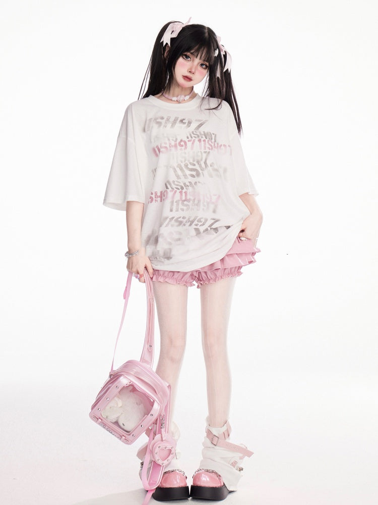 オーバーサイズTシャツ ネックレタープリント ホワイト ラウンド