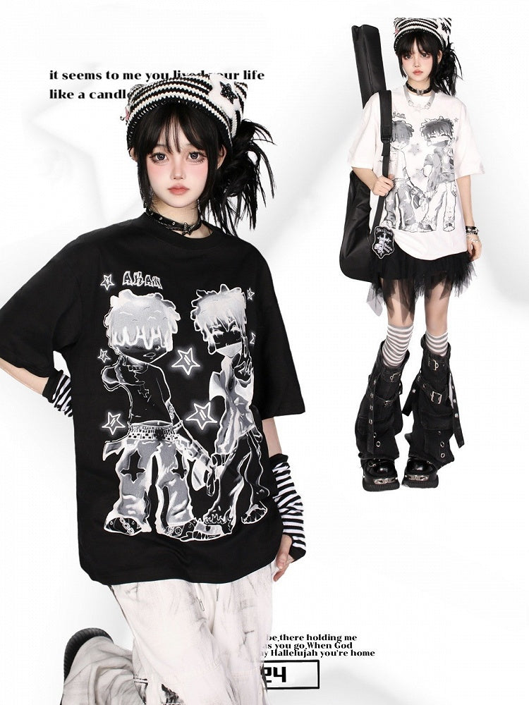 Loose-Fit Anime Character Graphic Tee - Flattering and Stylish White/Black/Pink