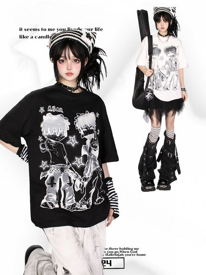 Loose-Fit Anime Character Graphic Tee - Flattering and Stylish White/Black/Pink