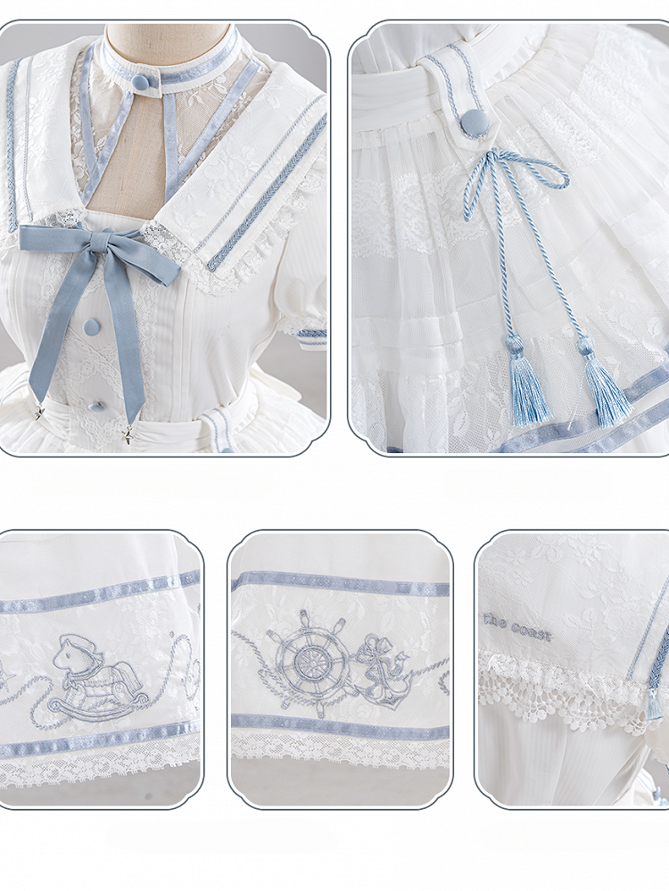 Ivory and Azure Stitched Sailor Gown with Detachable Collar - Honey Machine