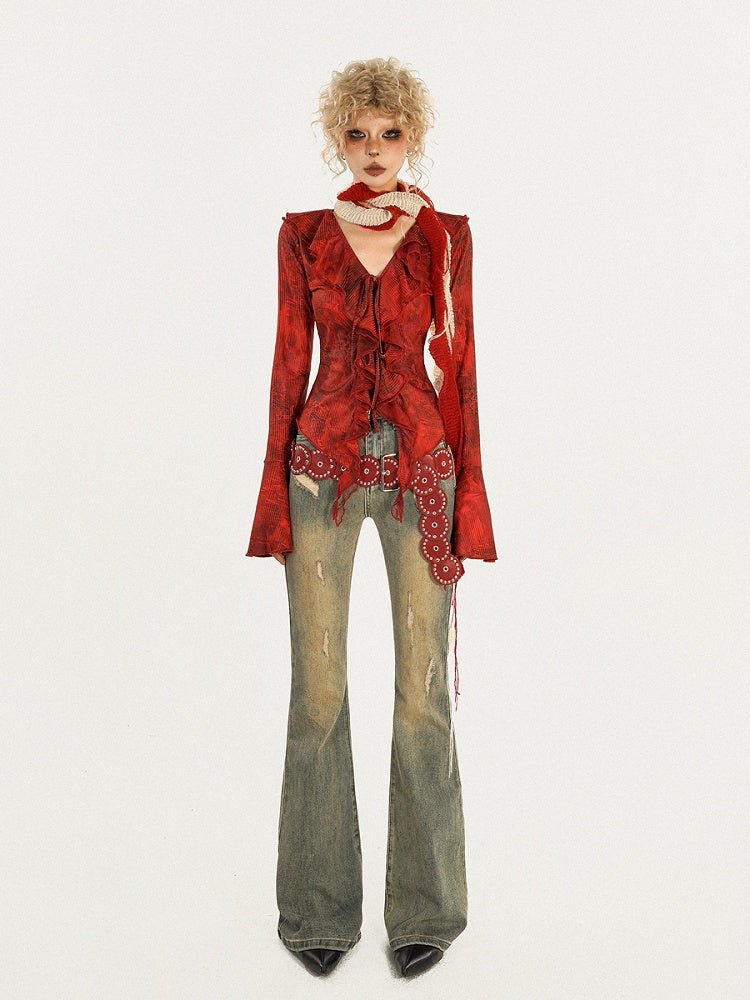 Sleeves Tie-Front Cardigan Ombre Bell Red Knit Ribbed with