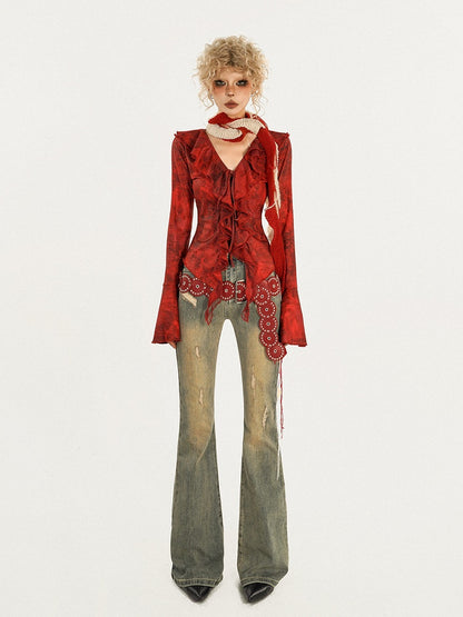 Sleeves Tie-Front Cardigan Ombre Bell Red Knit Ribbed with