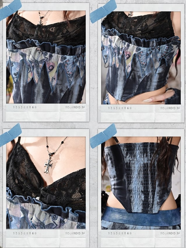 Grunge Punk Rock Fee Blau Spitze Wasserfallausschnitt Korsett mit Knochen Tie Dye Cami Top