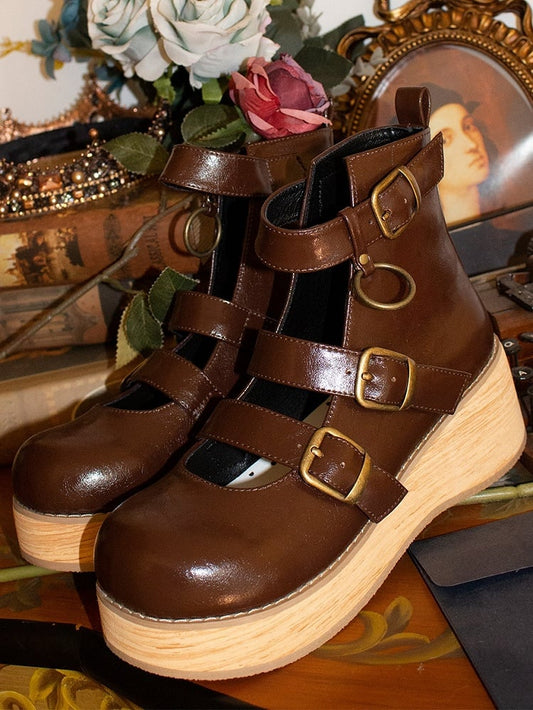 - Sohle Schnalle cm Knöchel 3–5 Maserung 3 braun Holz Stiefel Riemen Keil Plateau Vintage