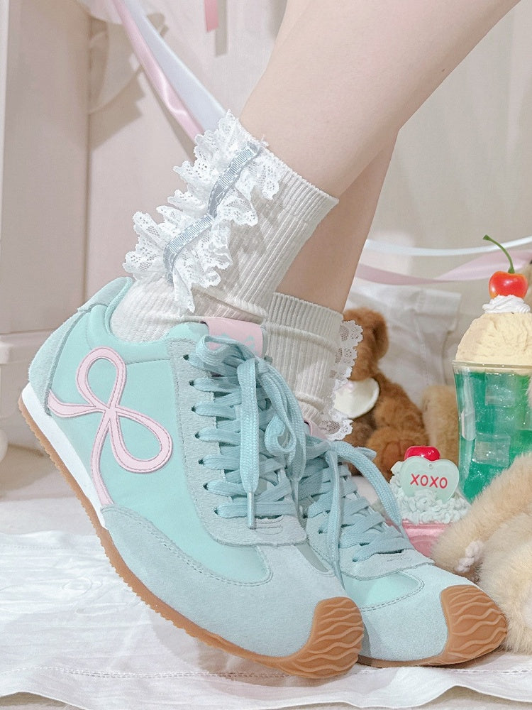 Green Front Bowknot Lace-up Design Sneakers Ties