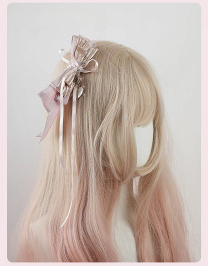 Rosa Lolita Haarspangen mit großer Schleife und Herz und Strass-Anhänger