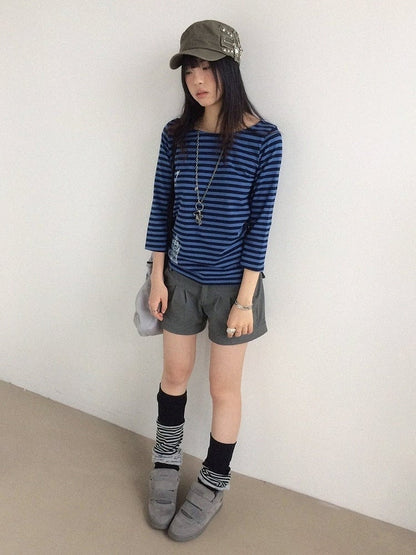 Navy Blue Striped Wide Round Neck Long Sleeve T-shirt with Key and Iron Gate Print - innomoood