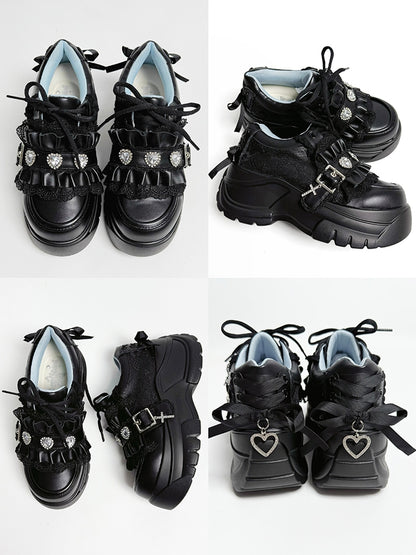 Rhinestone at Heart Ruffles Back Kei Closure Platforms Black Decor Trim Crystal Jirai - with Lace-up