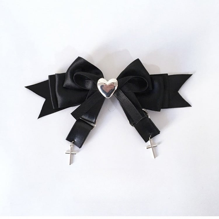 Rhinestone Pink Kei Cross Heart-Shaped and Charms Bow Hairclips Black/Black Jirai with