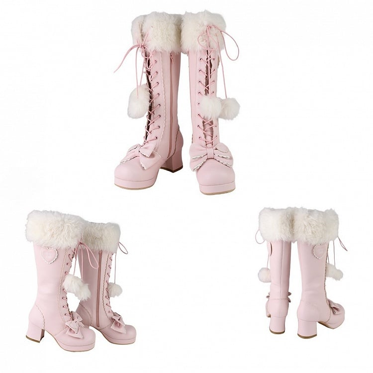 Plush PU Cuff Sweet Boots Bow Pink - with Lolita Accents Knee-High