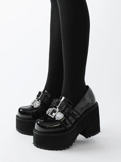 Jirai 10cm Pointed-Toe Loafers Polished Black Rhinestone Kei in Bow Platform with Heel Sweetheart